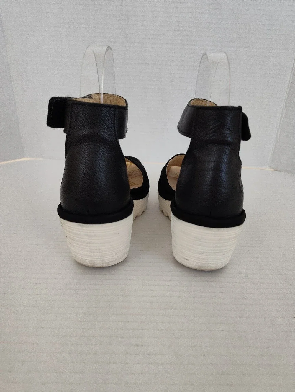 Fly London Yake Black Perforated Leather Ankle Strap Wedge Sandals sz 37 6-6.5